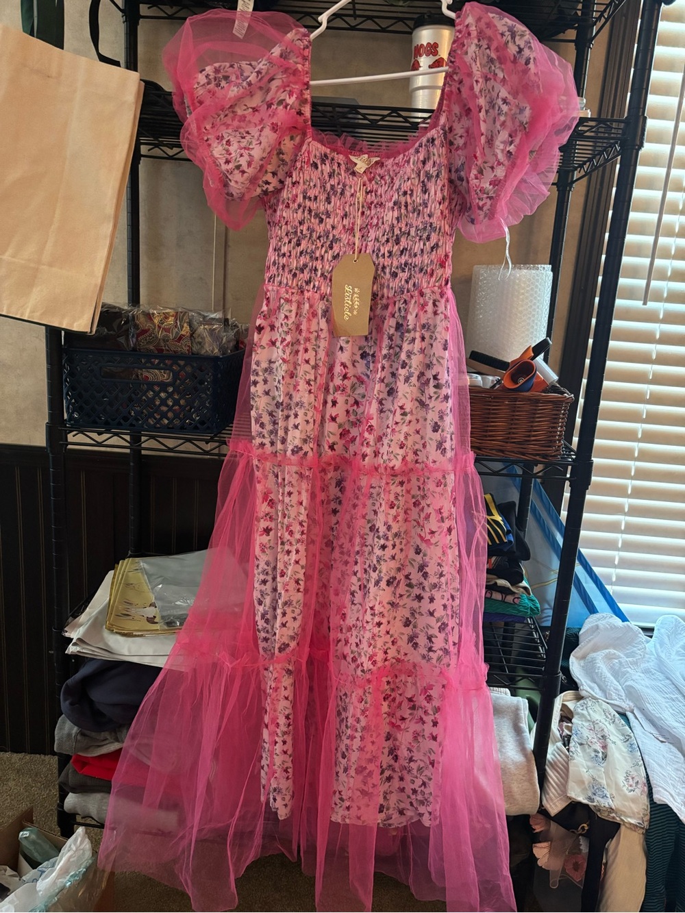 Listicle Pink Floral Midi Dress with Tulle Overlay